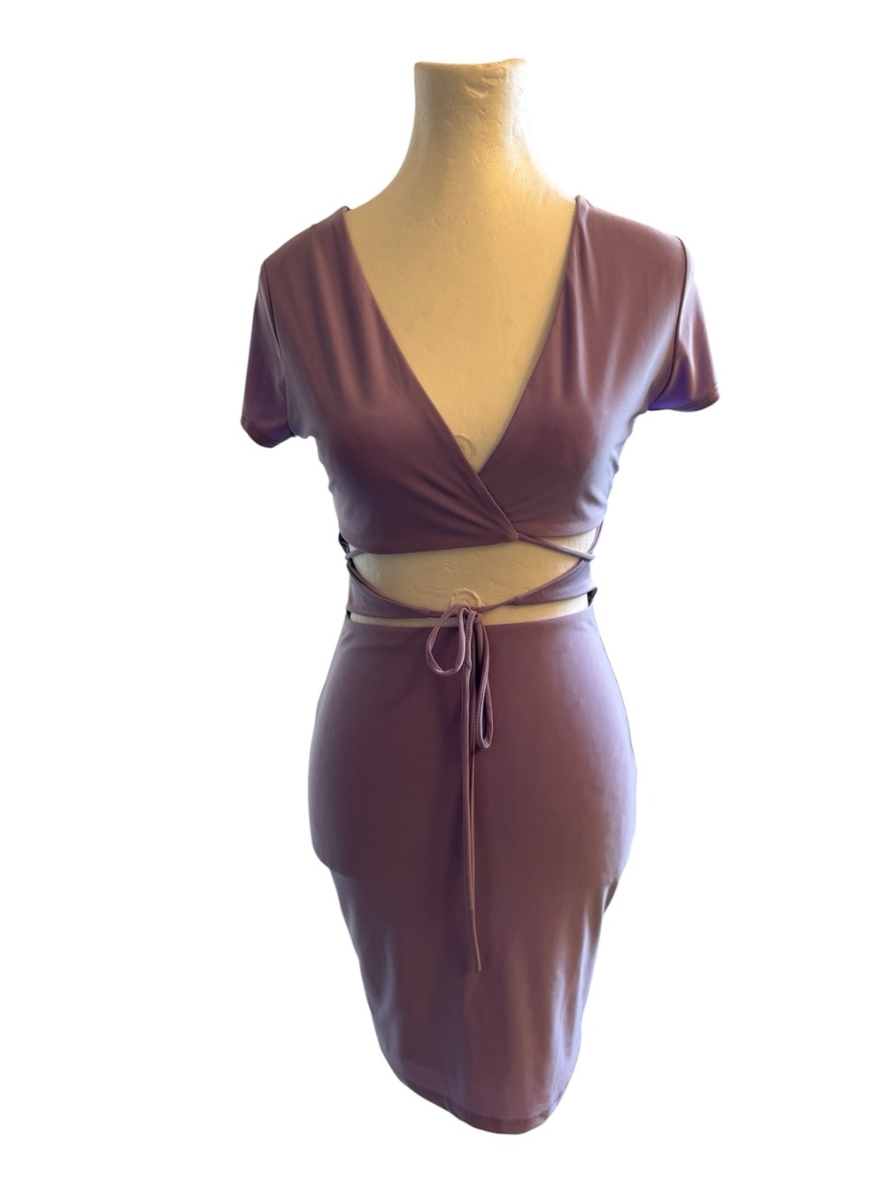 Tresser Women's Lavender Wrap Front Bodycon Dress with Waist Tie, Size M